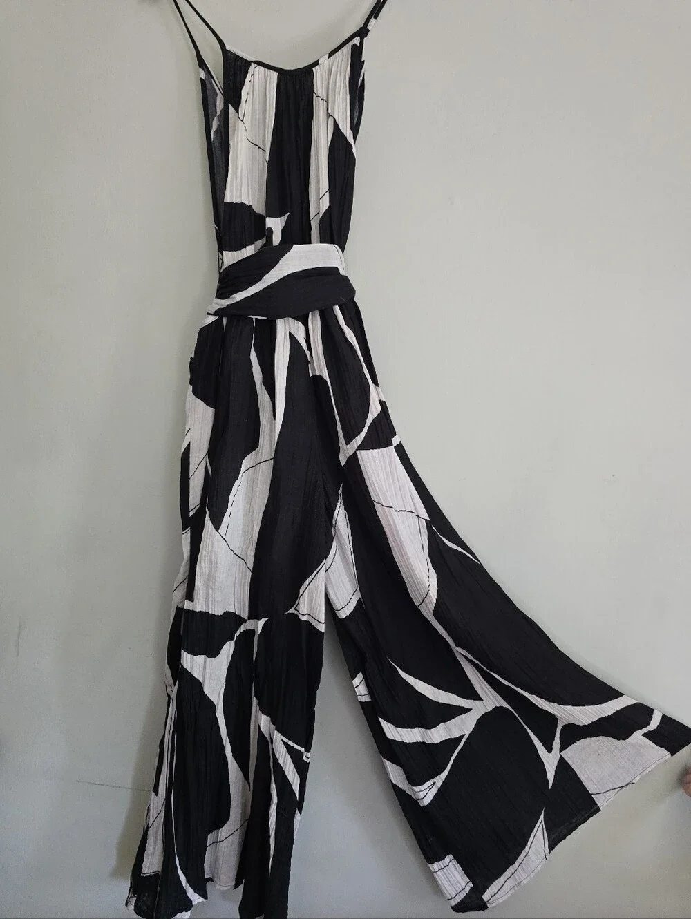 Anthropologie Boho White Black Sheer Print Cotton Gauze Wide Leg Jumpsuit, Large - Picture 4 of 8
